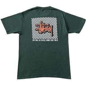 Stussy Mens Green Checker Big Box Logo T Shirt Size Medium